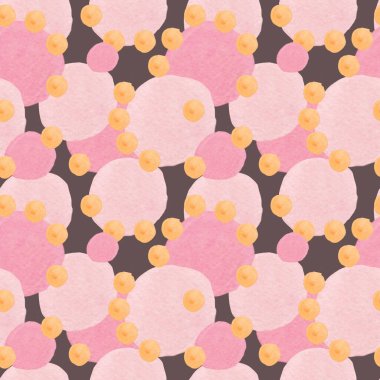 Kahverengi el boyalı arka planda uzay suluboya deseni var. Karalama tarzında soyut, desensel, şenlikli baskı. Tekstil, kumaş, ambalaj kağıdı, ağ, duvar kağıdı tasarımları..