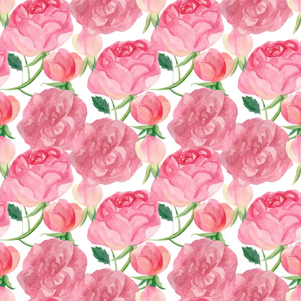 Aquarell Nahtlose Rosa Blumen Valentinstag Muster Auf Weißem Handbemalten Hintergrund — Stockfoto