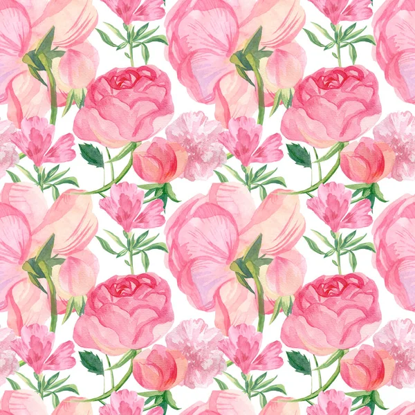 Aquarell Nahtlose Rosa Blumen Valentinstag Muster Auf Weißem Handbemalten Hintergrund — Stockfoto