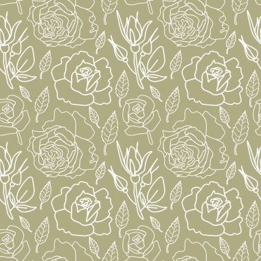 Adaçayı yeşili arka planda çiçek deseni olan vektörsüz desen. Karalama stilinde çiçek, çiçek, botanik desen. Tekstil, kumaş, ambalaj kağıdı, duvar kağıdı, duvar kağıdı tasarımı..