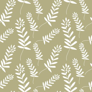 Adaçayı yeşili arka planda çiçek deseni olan vektörsüz desen. Karalama stilinde çiçek, çiçek, botanik desen. Tekstil, kumaş, ambalaj kağıdı, duvar kağıdı, duvar kağıdı tasarımı..