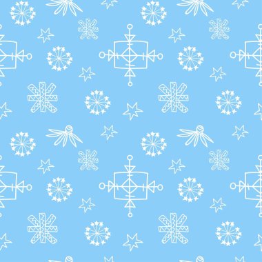 Mavi el boyalı arka plan üzerinde kar taneleri beyaz çizgisi olan vektörsüz desen. Kış, Noel, Yeni Yıl karalama tarzında baskılar. Tekstil, kumaş, ambalaj kağıdı, duvar kağıdı, duvar kağıdı için tasarım..