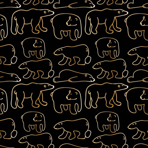 黑色背景上有金线熊的圣诞可爱插图的无缝矢量图案 假日用涂鸦风格的手绘图案 纺织品设计 包装纸 — 图库矢量图片