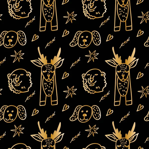 Бесшовный Векторный Рисунок Рождественскими Милыми Иллюстрациями Оленей Медведей Золотой Линией — стоковый вектор