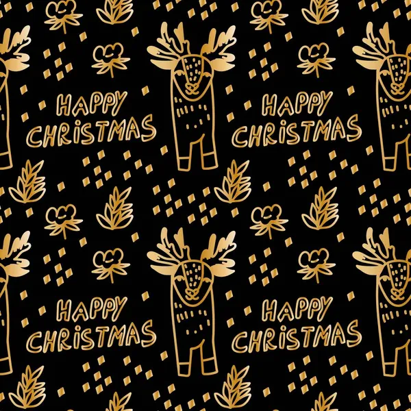 Płynny Wzór Wektor Boże Narodzenie Słodkie Ilustracje Reniferów Złotej Linii — Wektor stockowy