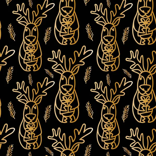 Бесшовный Векторный Узор Рождественскими Милыми Иллюстрациями Оленьей Золотой Линии Черном — стоковый вектор
