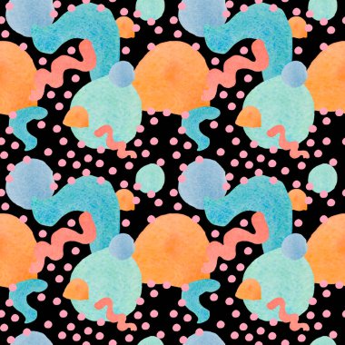 Siyah izole edilmiş arka planda soyut şekilleri olan dikişsiz bir suluboya deseni. Dekoratif, şenlikli, tekrarlayan, benekli stilde parlak baskı. Tekstil, ambalaj kağıdı, kumaş tasarımı.