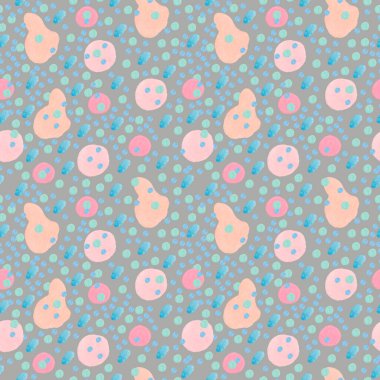 Gri izole arka planda soyut şekilleri olan dikişsiz suluboya deseni. Dekoratif, şenlikli, tekrarlayan, benekli stilde parlak baskı. Tekstil, ambalaj kağıdı, kumaş tasarımı.