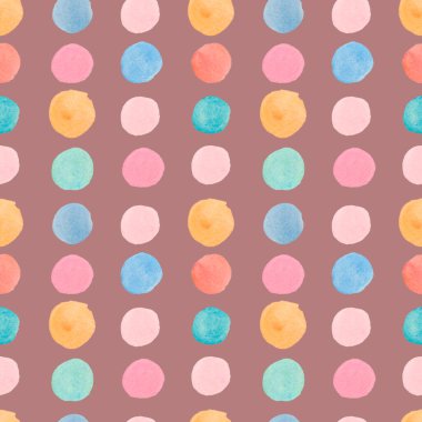 Kahverengi izole arkaplanda soyut şekilleri olan dikişsiz suluboya deseni. Dekoratif, şenlikli, tekrarlayan, benekli stilde parlak baskı. Tekstil, ambalaj kağıdı, kumaş tasarımı.