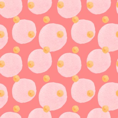 Pembe izole edilmiş arka planda soyut şekilleri olan dikişsiz suluboya deseni. Dekoratif, şenlikli, tekrarlayan, benekli stilde parlak baskı. Tekstil, ambalaj kağıdı, kumaş tasarımı.