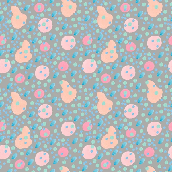 Gri izole arka planda soyut şekilleri olan dikişsiz suluboya deseni. Dekoratif, şenlikli, tekrarlayan, benekli stilde parlak baskı. Tekstil, ambalaj kağıdı, kumaş tasarımı.