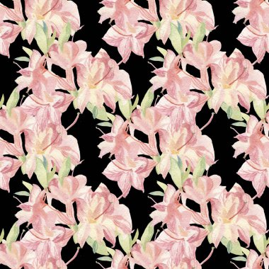 Siyah izole edilmiş arka planda pembe çiçekli suluboya deseni. Dekoratif, şenlikli, yinelenen, parlak el yazısı. Tekstil tasarımı, ambalaj kağıdı, kumaş..