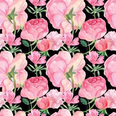Siyah izole edilmiş arka planda pembe çiçekli suluboya deseni. Dekoratif, şenlikli, yinelenen, parlak el yazısı. Tekstil tasarımı, ambalaj kağıdı, kumaş..