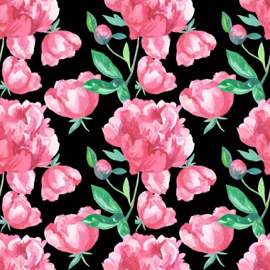 Siyah izole edilmiş arka planda pembe çiçekli suluboya deseni. Dekoratif, şenlikli, yinelenen, parlak el yazısı. Tekstil tasarımı, ambalaj kağıdı, kumaş..