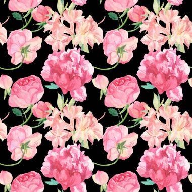 Siyah izole edilmiş arka planda pembe çiçekli suluboya deseni. Dekoratif, şenlikli, yinelenen, parlak el yazısı. Tekstil tasarımı, ambalaj kağıdı, kumaş..