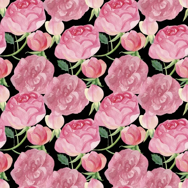 Υδατογραφία Αδιάλειπτη Μοτίβο Ροζ Λουλούδια Μαύρο Απομονωμένο Φόντο Διακοσμητική Εορταστική — Φωτογραφία Αρχείου