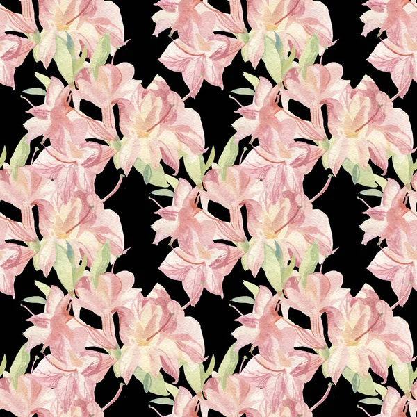 黒の隔離された背景にピンクの花と水彩シームレスパターン お祝い 繰り返し 明るい手描きスタイルのプリント 包装紙 ファブリック用のデザイン — ストック写真