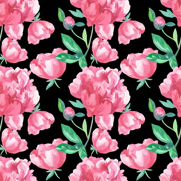 水彩画无缝图案 粉红色花朵 背景为黑色孤立 装饰的 节日的 重复的 明亮的手绘风格的印刷品 纺织品 包装纸 包装材料 — 图库照片