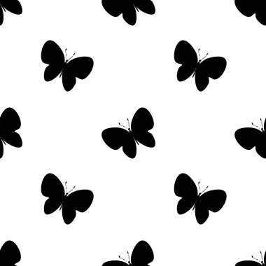 Şeffaf arka planda siyah kelebekli kusursuz vektör deseni. Dekoratif, şenlikli, tekrarlayan, parlak el yazısı. Tekstil tasarımı, ambalaj kağıdı, kumaş, kumaş..