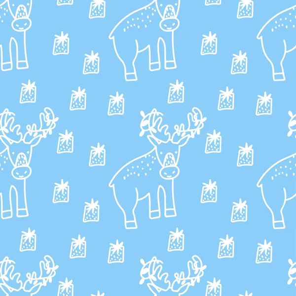 在蓝色孤立的背景上 无缝隙的矢量图案 白线驯鹿 装饰的 节日的 重复的 明亮的手绘风格的印刷品 纺织品 包装纸 织物的设计 — 图库矢量图片