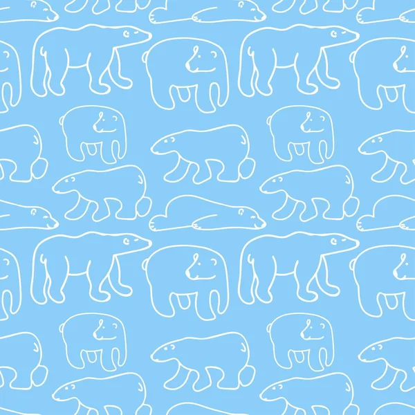 在蓝色隔离背景上以白线表示熊的无缝线矢量图案 重复手绘风格的印刷品 纺织品 包装纸 织物的设计 — 图库矢量图片