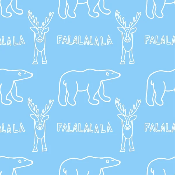 在蓝色孤立的背景上以白线表示的熊和驯鹿的无缝线矢量图案 重复手绘风格的印刷品 纺织品 包装纸 包装材料 织物的设计 — 图库矢量图片