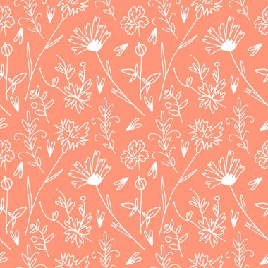 Sakinleşen mercan arka planında beyaz çiçekli vektörsüz desen. Basit, çiçekli, minimalist, şenlikli karalama tarzı posterler. Baskı, çıkartma, baskı, davetiye, tekstil, ambalaj kağıdı..