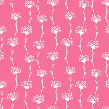 Pasifik Pembesi üzerinde beyaz çiçekli vektörsüz desen. Basit, çiçekli, minimalist, şenlikli karalama stili. Parmak izi, çıkartma, sosyal medya, baskı, davetiyeler, tekstil, ambalaj kağıdı..