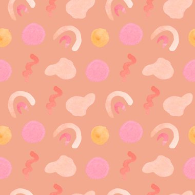 Suluboya minimalist şekillere sahip kusursuz desen. Tekrarlayan, elle çizilmiş lekeli soyut baskı. Kağıt, ambalaj, sosyal medya, tekstil, kumaş için dizayn..