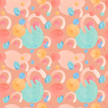 Suluboya minimalist şekillere sahip kusursuz desen. Tekrarlayan, elle çizilmiş lekeli soyut baskı. Kağıt, ambalaj, sosyal medya, tekstil, kumaş için dizayn..