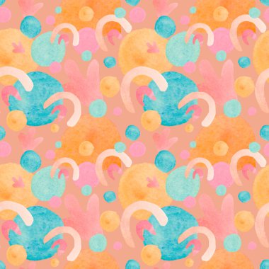 Suluboya minimalist şekillere sahip kusursuz desen. Tekrarlayan, elle çizilmiş lekeli soyut baskı. Kağıt, ambalaj, sosyal medya, tekstil, kumaş için dizayn..