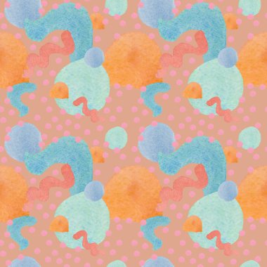 Suluboya minimalist şekillere sahip kusursuz desen. Tekrarlayan, elle çizilmiş lekeli soyut baskı. Kağıt, ambalaj, sosyal medya, tekstil, kumaş için dizayn..