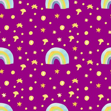 Suluboya sihirli ormanı ve kadife mantarlı kusursuz desen. Tekrarlayan, botanik el yazısı. Kağıt, ambalaj, sosyal medya, tekstil, kumaş için tasarım.