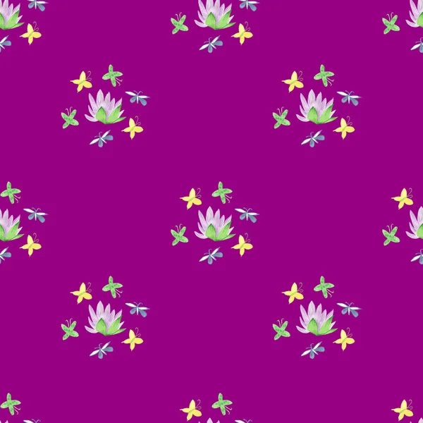 Płynny Wzór Akwarelowym Magicznym Lasem Bajkowymi Roślinami Aksamitnym Fioletowym Tle — Zdjęcie stockowe
