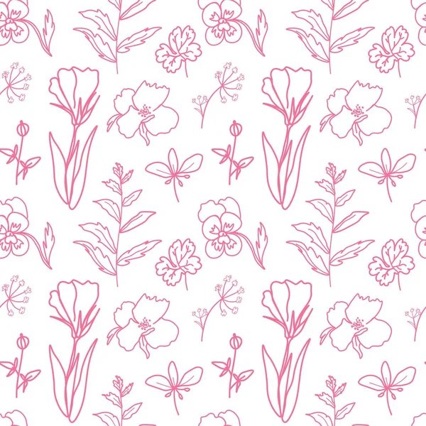 太平洋粉红的无缝图案 白色背景上有向量花 重复性的 花式的 植物性的手印抽屉 包装纸 包装材料 社交媒体 纺织品 织物的设计 — 图库矢量图片