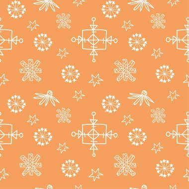Beyaz kar taneleri, zencefilli kurabiye renginde kusursuz desen. Tekrarlıyorum, Noel, karalama tarzı el yazısı çizimi. Kağıt, ambalaj, sosyal medya, tekstil, kumaş tasarımı..