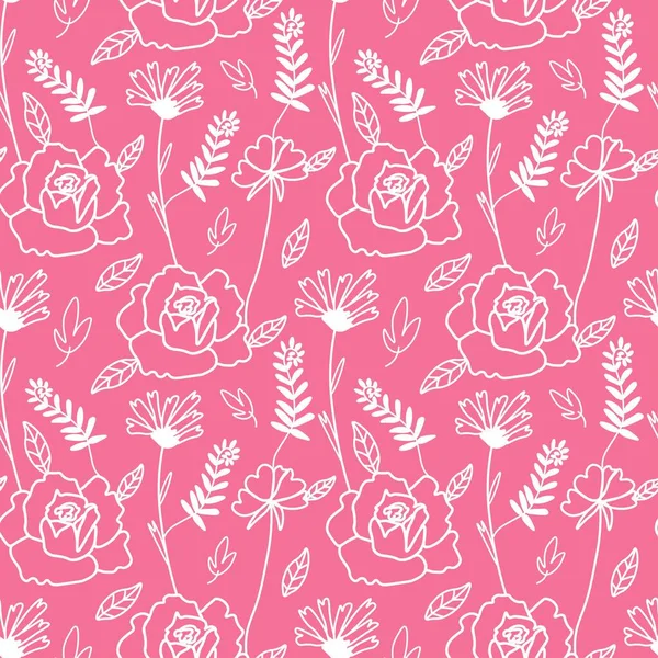 太平洋粉红背景上的无缝隙图案 有矢量白色花朵 重复性的 花式的 植物性的手印抽屉 包装纸 包装材料 社交媒体 纺织品 织物的设计 — 图库矢量图片