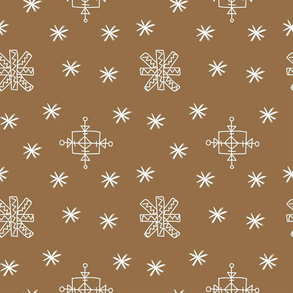 クラフトの背景に白い雪の結晶イラストとシームレスベクトルパターン クリスマスの手は ドアスタイルのプリントを描きました — ストックベクタ