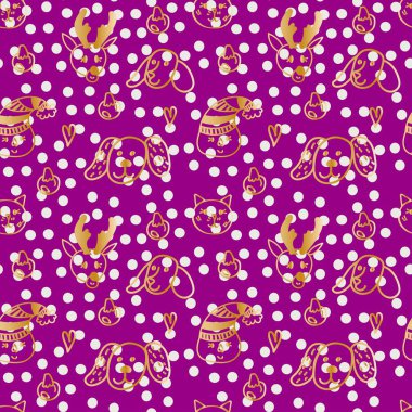 Kadife rengi Violet arkaplanda Altın Noel çizimleri olan kusursuz vektör deseni. Kış, şenlikli el çizimi karalama stili baskılar. Tekstil tasarımları, ambalaj kağıtları, paketler, kupürler, kupürler..