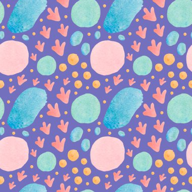 Mor bir Peri arka planında suluboya, kusursuz desen. Desenli şekilli, lekeli, el boyalı lekeli moda baskılar. Tekstil, kumaş, ambalaj kağıdı, ambalaj kağıdı tasarımları..