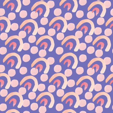 Mor bir Peri arka planında suluboya, kusursuz desen. Desenli şekilli, lekeli, el boyalı lekeli moda baskılar. Tekstil, kumaş, ambalaj kağıdı, ambalaj kağıdı tasarımları..