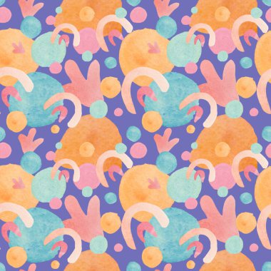 Mor bir Peri arka planında suluboya, kusursuz desen. Desenli şekilli, lekeli, el boyalı lekeli moda baskılar. Tekstil, kumaş, ambalaj kağıdı, ambalaj kağıdı tasarımları..