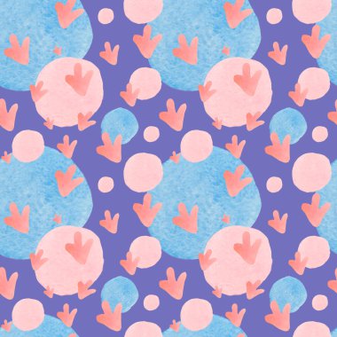 Mor bir Peri arka planında suluboya, kusursuz desen. Desenli şekilli, lekeli, el boyalı lekeli moda baskılar. Tekstil, kumaş, ambalaj kağıdı, ambalaj kağıdı tasarımları..