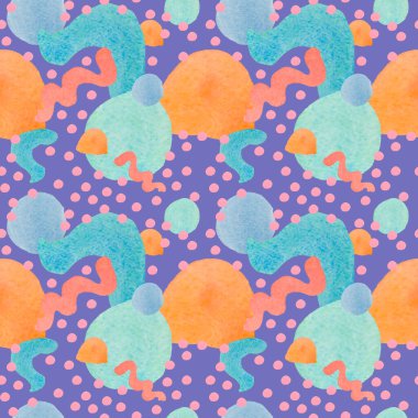 Mor bir Peri arka planında suluboya, kusursuz desen. Desenli şekilli, lekeli, el boyalı lekeli moda baskılar. Tekstil, kumaş, ambalaj kağıdı, ambalaj kağıdı tasarımları..