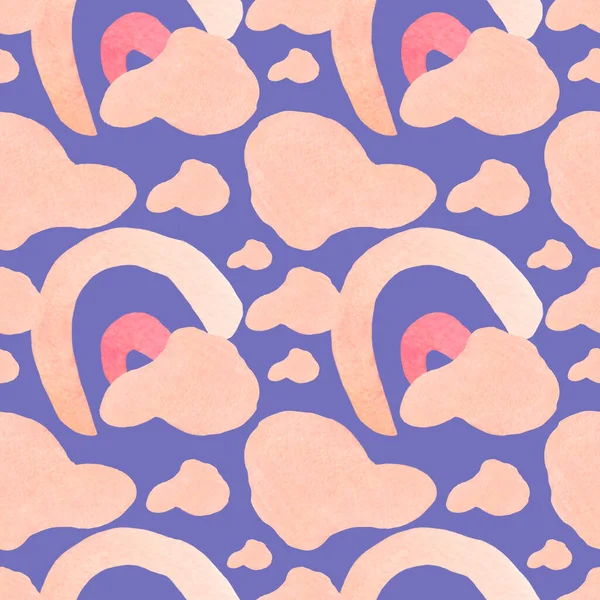 Mor bir Peri arka planında suluboya, kusursuz desen. Desenli şekilli, lekeli, el boyalı lekeli moda baskılar. Tekstil, kumaş, ambalaj kağıdı, ambalaj kağıdı tasarımları..