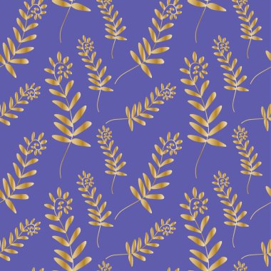 Peri arka planında altın çiçekli kusursuz vektör deseni. Moda, çiçekli el çizimi tarzı baskı. Tekstil, kumaş, ambalaj kağıdı, yapıştırma kağıdı, web sayfası tasarımı..