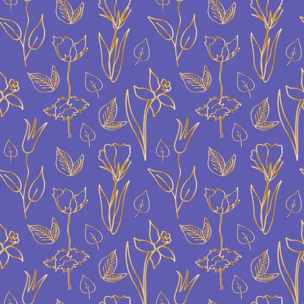 Seamless Vector Pattern Gold Flowers Purple Very Peri Background Trendy — 图库矢量图片