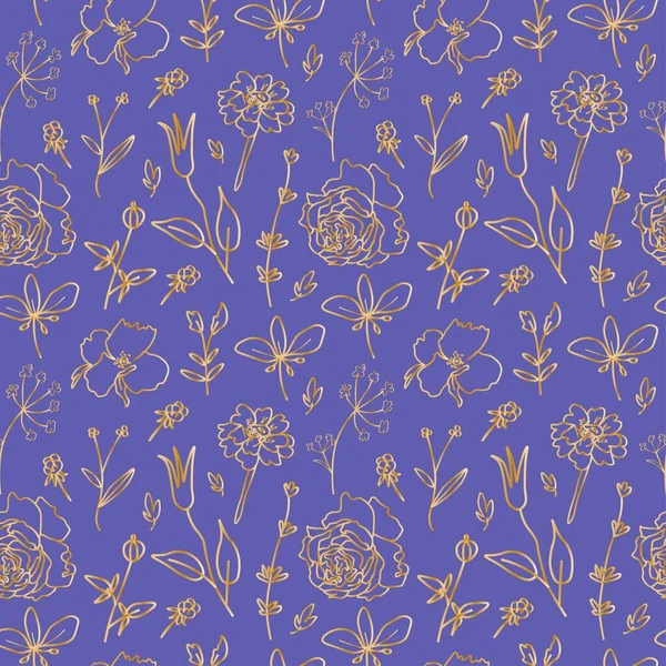 Безшовний Векторний Візерунок Золотими Квітами Фіолетовому Фоні Дуже Періоду Модний — стоковий вектор
