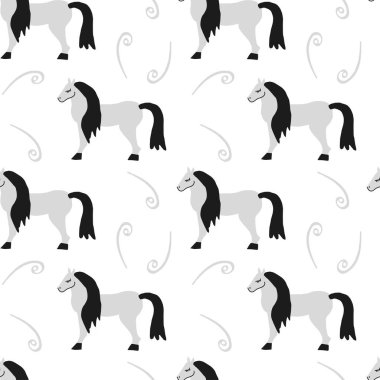 Gri ve siyah at çizimlerine sahip kusursuz vektör deseni şeffaf arka planda. Candinav, soyut, hayvani el çizimi tarzı baskı. Kumaş, ambalaj kağıdı ve ambalaj için tasarım..