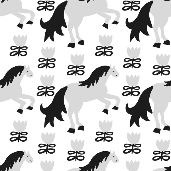 透明背景にグレーと黒の馬のイラストとシームレスなベクトルパターン スカンディナヴィア語 抽象的 アニマリズム的な手描きラインスタイルのプリント ファブリックのためのデザイン 包装紙 — ストックベクタ